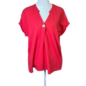 Linen Blend Short Sleeve Top Boxy Oyster Shell Button Ellen Tracy Dark Pink Sz S